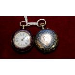 Ladies purple enamel fob watch and a ladies silver Niello full hunter fob watch (2) (A/F)