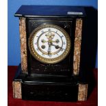 Victorian break front slate and marble mantel clock in break front case with white enamel dial,