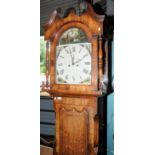 8 day mahogany and oak cased long cased clock with painted dial