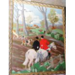 Framed embroidery depicting hunting scene