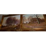 Pair of gilt framed oils on canvas depicting heavy horses in country side setting signed lower left