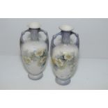 Pair of twin handled urn shaped vases with decorative floral pattern