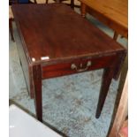 19th C mahogany table with single drawer and drop leaves on square tapering supports