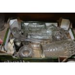 Box of assorted glass including salts, decanter stoppers, inkwells etc.