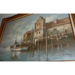 Gilt framed oil on canvas depicting boat in moored setting with indistinct signature