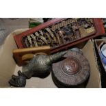 Small box of Oriental carvings, wicker snake pot, brass etc.