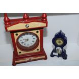 Hand made wooden mantel clock and Edwardian porcelain with brass and gilt decoration