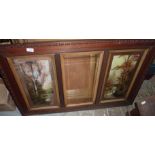 Mahogany framed mirror flanked by two painted panels depicting woodland scenes