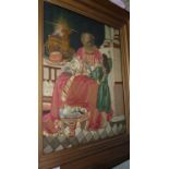 Large gilt framed silk work panel depicting gentleman with young girl in Greek setting