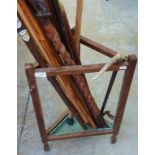 Oak triangular stick stand with selection of walking sticks