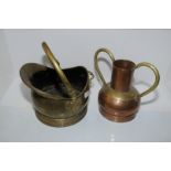 Small brass coal scuttle and two handled Arts and Crafts style copper jug