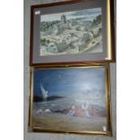 Framed print by Alan Sobull dated 1967 depicting fountains abbey and framed oil on board depicting