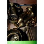 Box of assorted brass including Indian brass goblets, boxes etc.