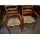 Set of four of lightwood armchairs with rush seats (2+2)