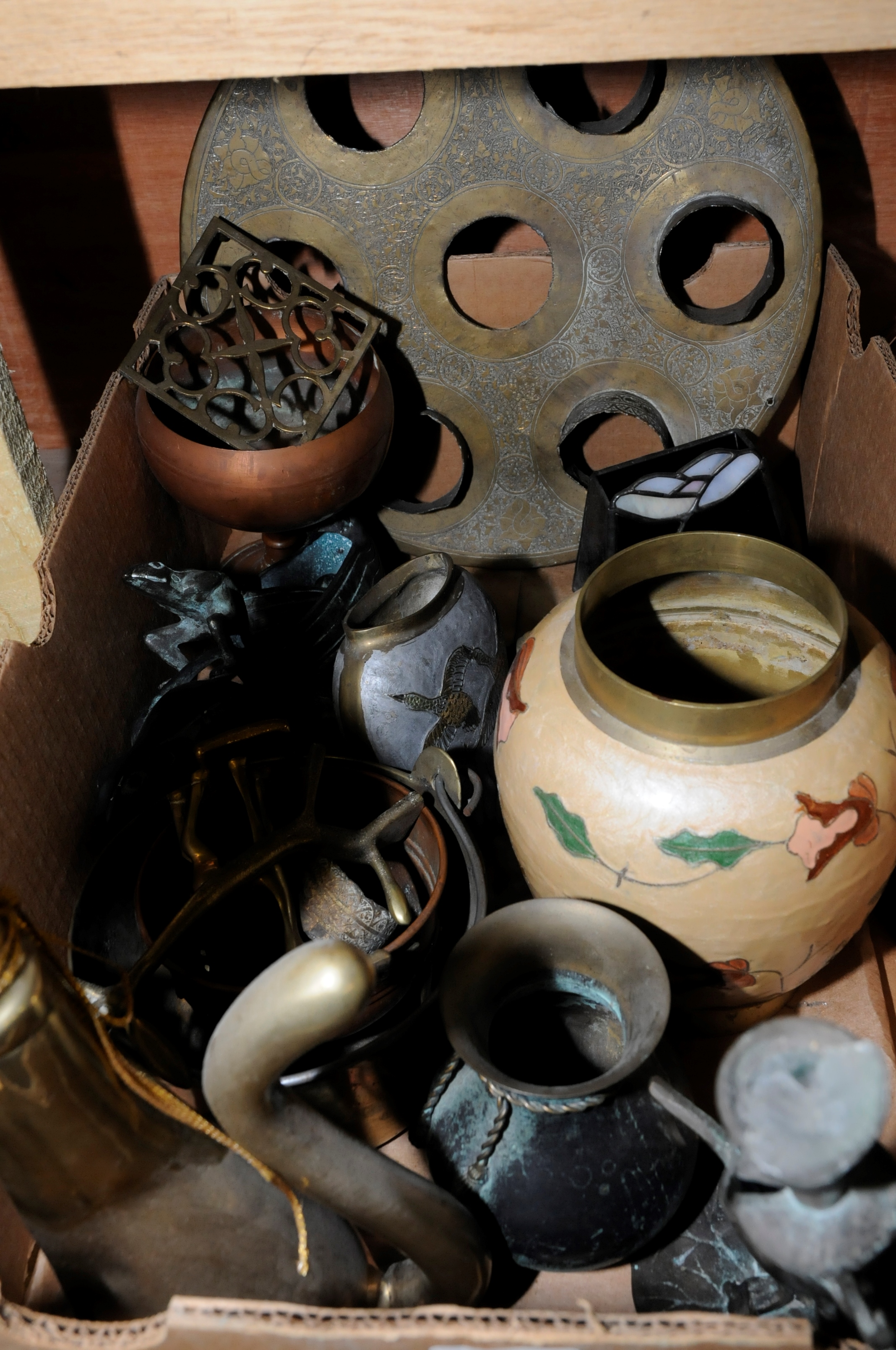 Box of assorted brass ware including planters, vases, ornaments etc.