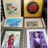 Two framed silk work pictures depicting Koi carp, selection of fantasy figure pictures etc.