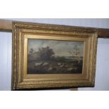 Gilt framed oil on board depicting cattle in country side setting