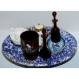 Large blue and white meat plate, two ruby glass decanter, souvenir teapot 'Long Stands Tynemouth',