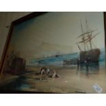 Large gilt framed print depicting Scarborough with children playing by J. W.