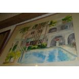 Very large framed watercolour depicting a villa and pool signed Elyse - 80