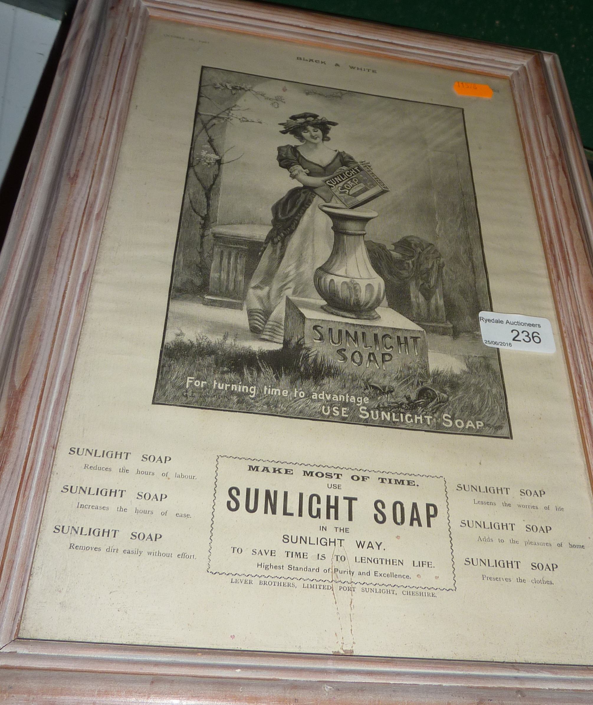 Framed book plate advertising 'Sunlight Soap'