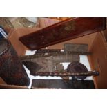 Carved wooden moulding's, tribal axe with barley twist handle, rattan brush pot etc.