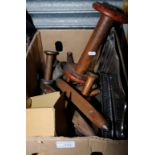 Box of collectable's including wooden bobbin shuttles etc.