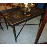 Pair of lacquered and gilt framed tray tables with lift off tool ware trays painted with Oriental