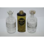 Two glass 'Sodium Phosphate' apothecary bottles and Palmolive Shaving Talc tin