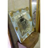 Framed bevel edged wall mirror and two gilt framed mirrors and a tin trunk (4)