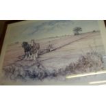 Limited Edition framed print depicting ploughing horses signed in pencil by the artist John Hurst