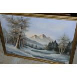 Large gilt framed oil on canvas depicting mountainous landscape