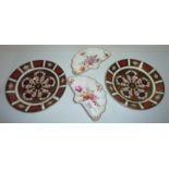 Two Royal Crown Derby Imari pattern saucers 1128 pattern and two Royal Crown Derby 'Derby Posies'