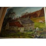 Framed oil on canvas depicting country cottage signed lower right Michael M Owens 1974