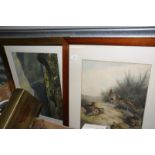 Framed print depicting grouse and a gilt framed print depicting country scene with mountainous