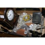 Oak mantel clock with inlaid decoration, alarm clocks, Swiza travel alarm clock etc.