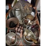 Pewter tankards, brass bell, small selection of cutlery etc.