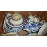 Two boxes of ceramics including blue and white lidded tureen, plates, large Denby style jug,