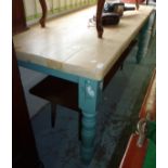 Pine rectangular kitchen table on painted base with turned supports