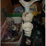 Two boxes of decorative ceramics and glass including large enchanted fairies vase, drinking glasses,