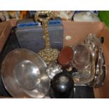 Box of assorted collectable's including brass door stop,