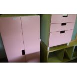 Laminate wardrobe and matching three drawer chest with pink painted doors and drawer fronts