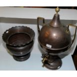 Large copper and brass urn and copper planter with frilled rim