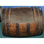 Oak and wrought metal coopered barrel log bin with twisted wrought metal carrying handles and