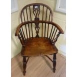 19th C yew wood Windsor armchair with crinoline under stretcher