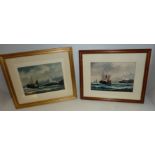 Two framed photographic prints depicting trawlers in Scarborough harbour by J Rigg