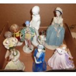 Box of decorative figurines including Royal Worcester 'Rachel', Coalport Ladies Of fashion 'Moira',