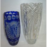 Large cut glass vase and blue overlay glass vase