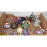 Box of assorted glass including paperweights, Caithness vases, Mdina glass vase,