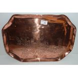 Arts and Crafts copper tray with impressed with crinoline lady design